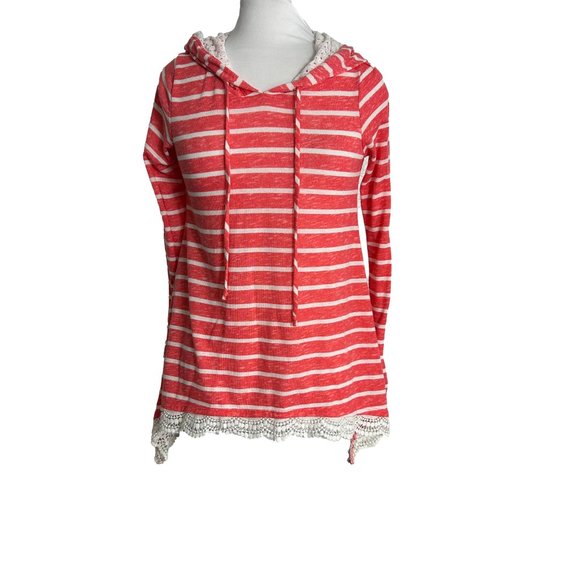 Self Esteem Womens Size Small Top Blouse Coral White Striped Hooded Crochet - Picture 1 of 9